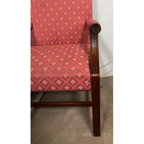 93 - A PAIR OF GOOD QUALITY GAINBOROUGH CHAIRS, upholstered with patterned red fabric, with carved fluted... 