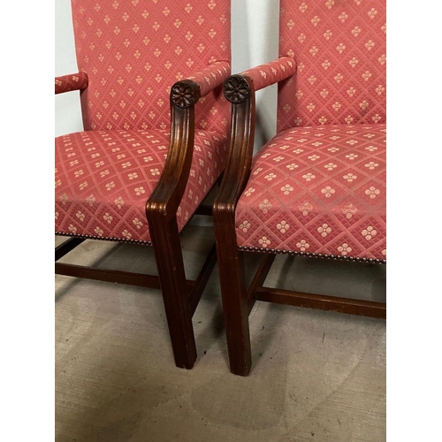 93 - A PAIR OF GOOD QUALITY GAINBOROUGH CHAIRS, upholstered with patterned red fabric, with carved fluted... 