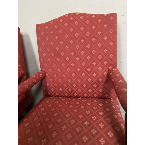 93 - A PAIR OF GOOD QUALITY GAINBOROUGH CHAIRS, upholstered with patterned red fabric, with carved fluted... 