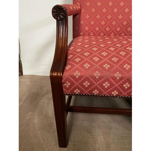 93 - A PAIR OF GOOD QUALITY GAINBOROUGH CHAIRS, upholstered with patterned red fabric, with carved fluted... 