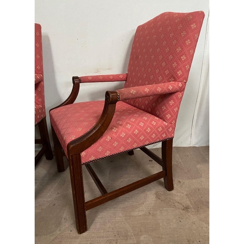 93 - A PAIR OF GOOD QUALITY GAINBOROUGH CHAIRS, upholstered with patterned red fabric, with carved fluted... 