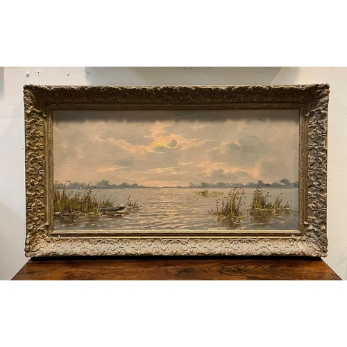 97 - A LATE 19TH/EARLY 20TH CENTURY GILT FRAMED OIL ON CANVAS, depicting lake/river landscape, signed ind... 