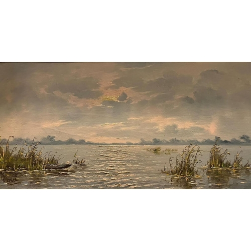 97 - A LATE 19TH/EARLY 20TH CENTURY GILT FRAMED OIL ON CANVAS, depicting lake/river landscape, signed ind... 