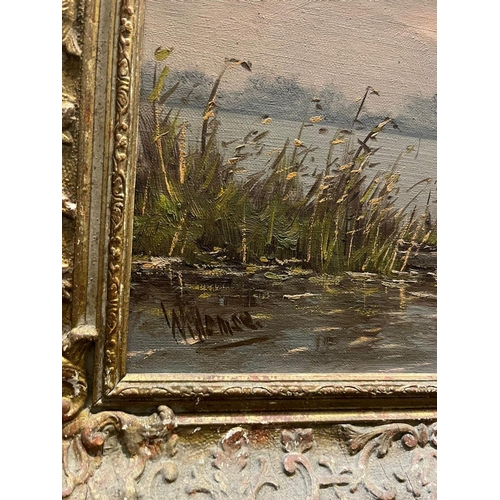 97 - A LATE 19TH/EARLY 20TH CENTURY GILT FRAMED OIL ON CANVAS, depicting lake/river landscape, signed ind... 