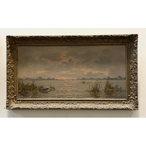 97 - A LATE 19TH/EARLY 20TH CENTURY GILT FRAMED OIL ON CANVAS, depicting lake/river landscape, signed ind... 