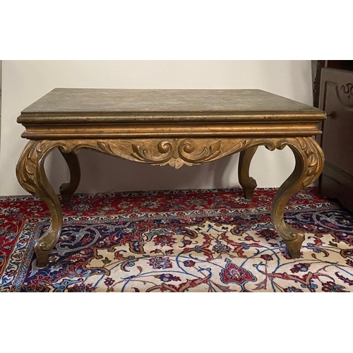 173 - A GOOD QUALITY LOW RISE COFFEE TABLE, with cabriole shaped legs having carved acanthus leaf detail t... 