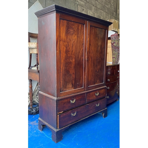 240 - A FINE ANTIQUE MAHOGANY TWO DOOR LINEN PRESS, with dentil cornice, two panelled doors above three dr... 