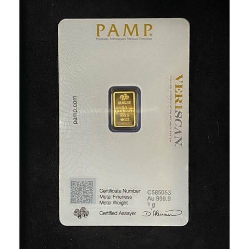 115 - A 1 GRAM PAMP GOLD BAR, 1 gram bar of gold, 999.9 pure, minted with Suisse Lady Fortuna image, in se... 