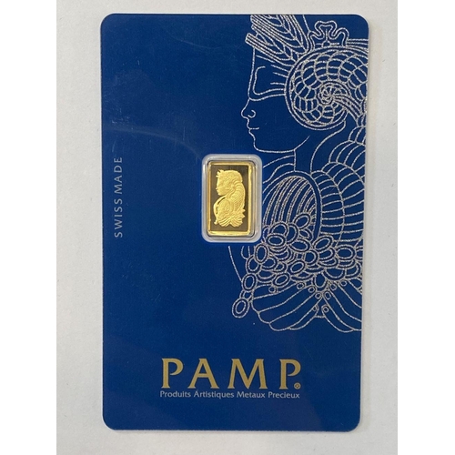 115 - A 1 GRAM PAMP GOLD BAR, 1 gram bar of gold, 999.9 pure, minted with Suisse Lady Fortuna image, in se... 