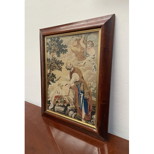 120 - A 19TH CENTURY FRAMED EMBROIDERY, depicting biblical scene, within hardwood frame. Dimensions: 30cm ... 