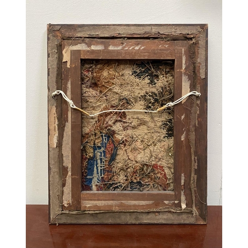 120 - A 19TH CENTURY FRAMED EMBROIDERY, depicting biblical scene, within hardwood frame. Dimensions: 30cm ... 