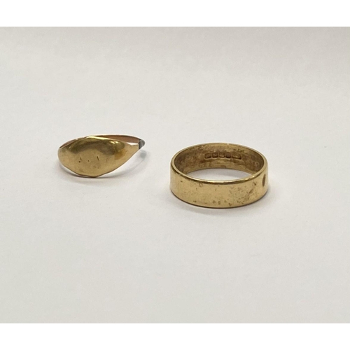 123 - AN 18CT GOLD BAND RING, Marked 18 Hallmarked London, ring size: O; together with a gold signet ring,... 