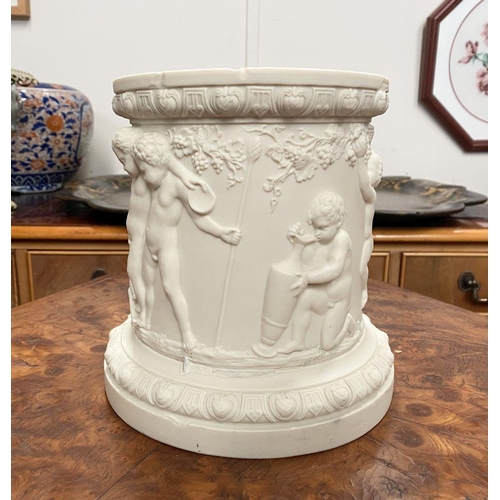 136 - AN ANTIQUE COPELAND PARIAN PORCELAIN PLANT STAND, with traditional ‘putti and grape’ design in relie... 