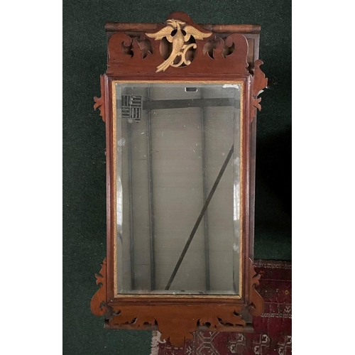 145 - A 19TH CENTURY GEORGE III STYLE MAHOGANY MIRROR, mirror within fret cut mahogany frame, finely decor... 