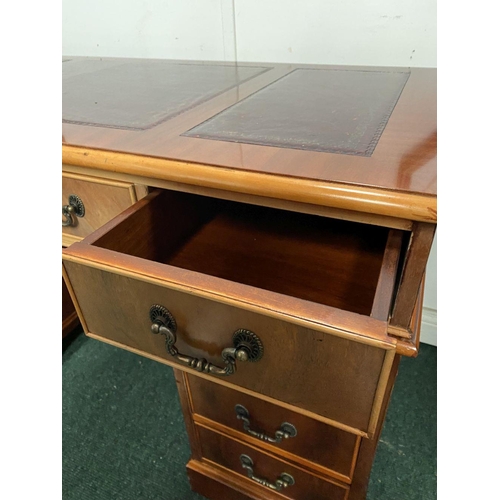 17 - AN EXCELLENT KEYHOLE/PEDESTAL DESK, with leather inset to top above nine panelled drawers with brass... 