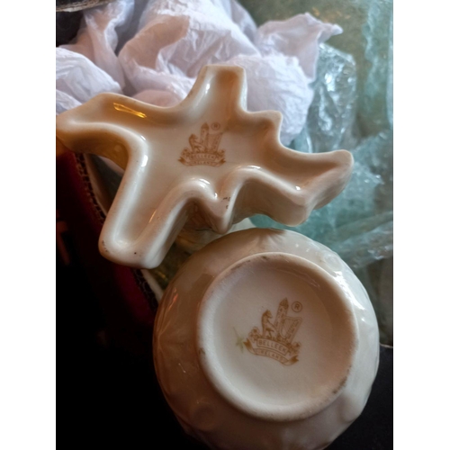 181 - A VINTAGE BELLEEK TREETRUNK VASE & SHAMROCK VASE, both marked to base with 7th Gold/Brown Mark, c.19... 