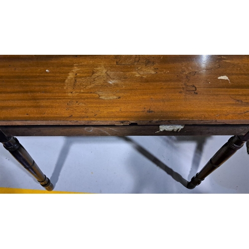 184 - A GEORGIAN MAHOGANY CONSOLE/SIDE TABLE reeded fore-edge, on block-over ring turned legs; damage to f... 