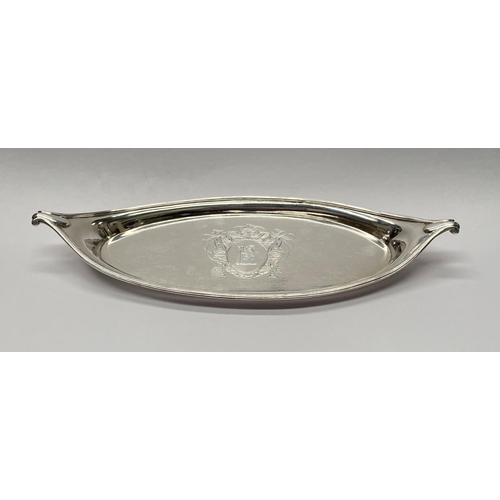 24 - A GEORGE III SILVER CANDLE SNUFFER TRAY, Maker Thomas Daniell London, 1790, engraved crest with hera... 