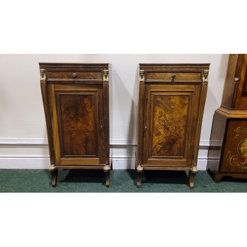 29 - A PAIR OF 19TH CENTURY FRENCH MAHOGANY TALL SIDE / LAMP CABINETS, each with a single frieze drawer o... 