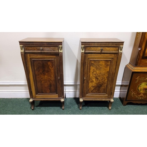 29 - A PAIR OF 19TH CENTURY FRENCH MAHOGANY TALL SIDE / LAMP CABINETS, each with a single frieze drawer o... 