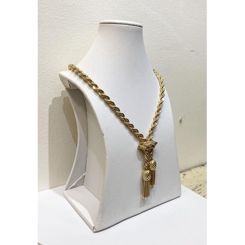 3 - A 14K YELLOW GOLD ROPE & PINEAPPLE TASSEL NECKLACE BY HAMMERMAN, necklace designed as classic rope c... 