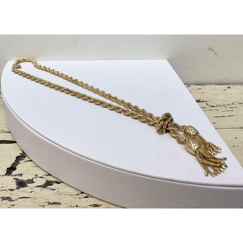 3 - A 14K YELLOW GOLD ROPE & PINEAPPLE TASSEL NECKLACE BY HAMMERMAN, necklace designed as classic rope c... 