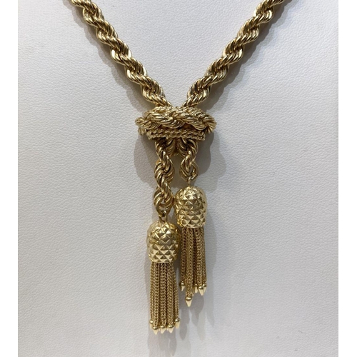 3 - A 14K YELLOW GOLD ROPE & PINEAPPLE TASSEL NECKLACE BY HAMMERMAN, necklace designed as classic rope c... 