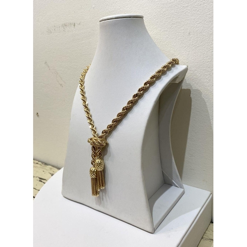 3 - A 14K YELLOW GOLD ROPE & PINEAPPLE TASSEL NECKLACE BY HAMMERMAN, necklace designed as classic rope c... 