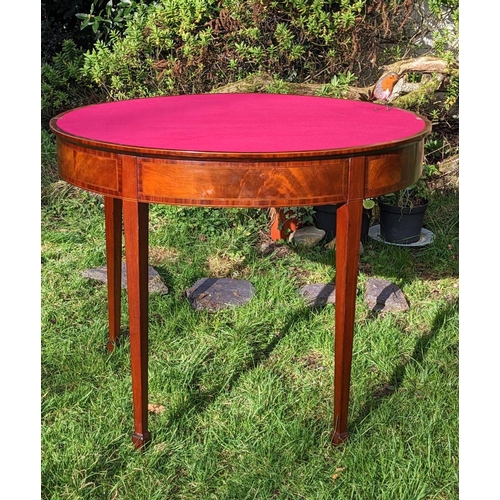 4 - AN EXCELLENT GEORGE III MAHOGANY DEMI LUNE CARD TABLE, having crossbanded top with marquetry fan dec... 