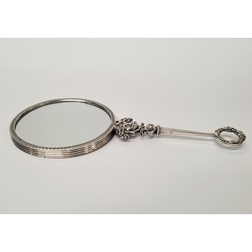 46 - A VERY FINE FRENCH SILVER HANDHELD MIRROR, the mirror is held in a circular frame with gadrooned det... 