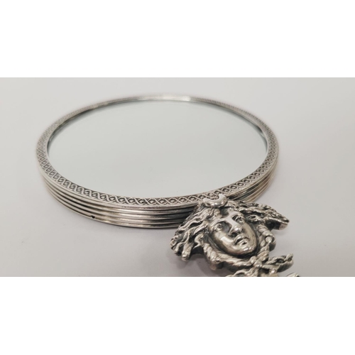 46 - A VERY FINE FRENCH SILVER HANDHELD MIRROR, the mirror is held in a circular frame with gadrooned det... 