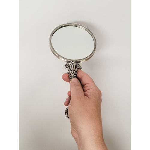 46 - A VERY FINE FRENCH SILVER HANDHELD MIRROR, the mirror is held in a circular frame with gadrooned det... 