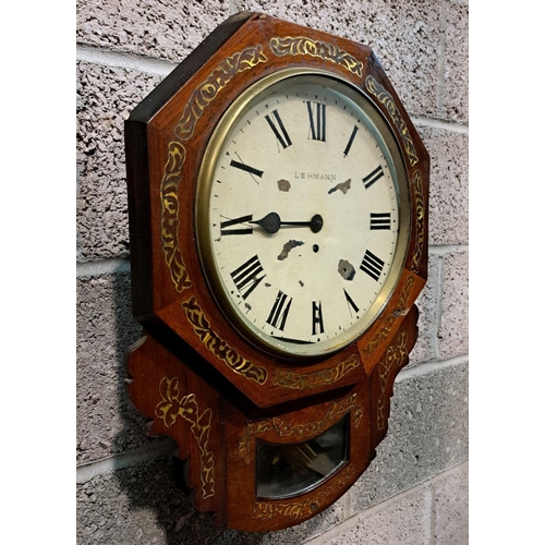 57 - A 19TH CENTURY OCTAGONAL INLAID DROP DIAL WALL CLOCK, Maker Lehmann, Germany, white dial with roman ... 