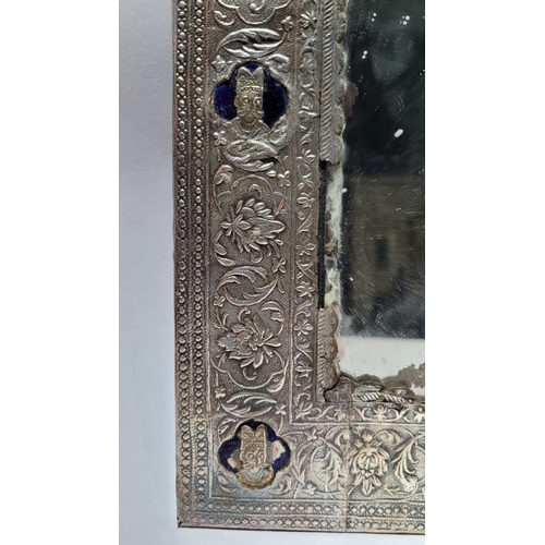 58 - A SILVER & ENAMEL FRAMED MIRROR, clad to the front & back with silver decorated with elaborate scene... 