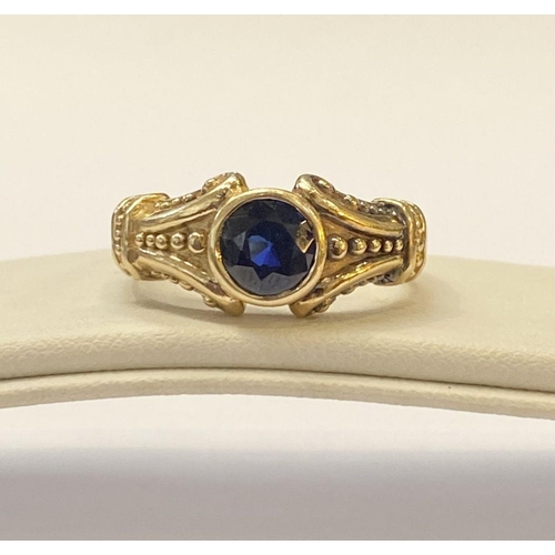 59 - A 14CT YELLOW GOLD ART NOUVEAU STYLE SAPPHIRE RING, Maker Adwar Casting, with the round brilliant cu... 