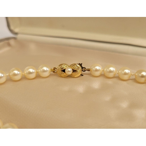 61 - A SINGLE STRAND PEARL NECKLACE, with nice decorative gilt metal clasp, cased in a Noriko Pearl box. ... 