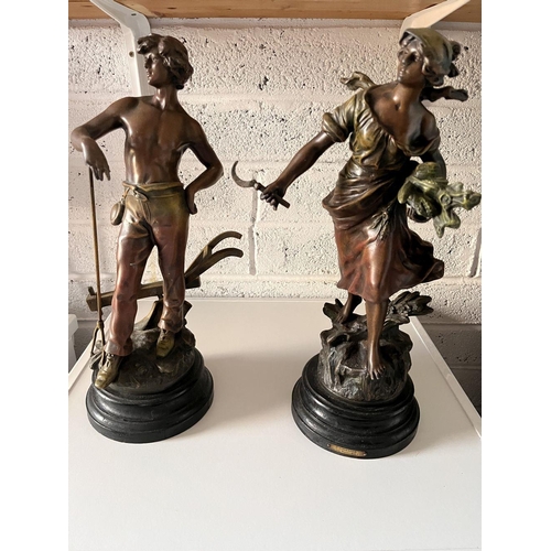 69 - A PAIR OF ORNAMENTS; AFTER AUGUSTE MOREAU, (i) FANEUSE, a figure of a female standing on a naturalis... 