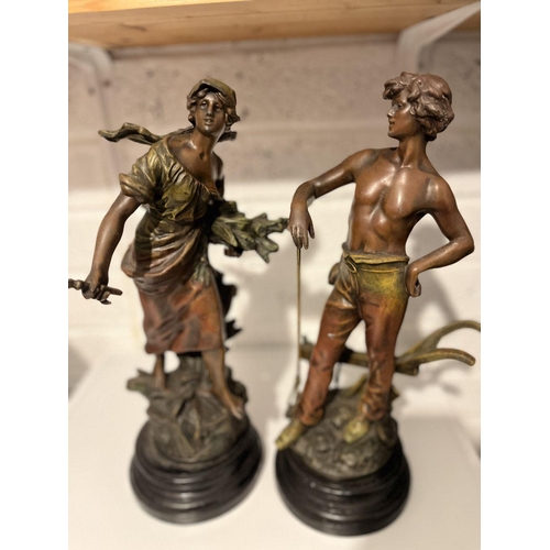 69 - A PAIR OF ORNAMENTS; AFTER AUGUSTE MOREAU, (i) FANEUSE, a figure of a female standing on a naturalis... 