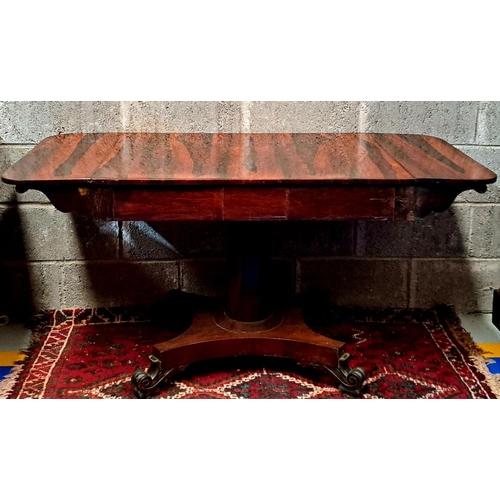 70 - A WILLIAM IV ROSEWOOD DROP-LEAF SOFA TABLE, 1810, base terminating in quadro-pod, standing on scroll... 