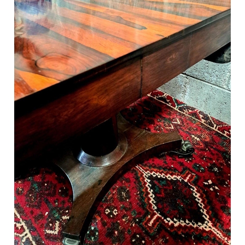 70 - A WILLIAM IV ROSEWOOD DROP-LEAF SOFA TABLE, 1810, base terminating in quadro-pod, standing on scroll... 