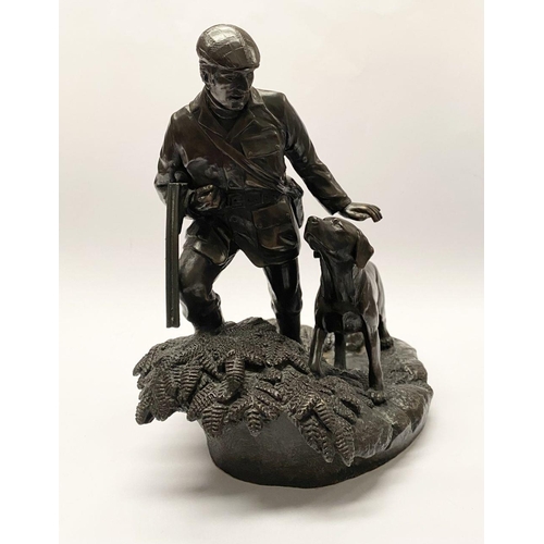 71 - A VINTAGE BRONZE HEREDITIES SCULPTURE, ‘OUT WITH A GUN’, by Tom Mackie, depicting farmer in traditio... 