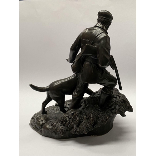 71 - A VINTAGE BRONZE HEREDITIES SCULPTURE, ‘OUT WITH A GUN’, by Tom Mackie, depicting farmer in traditio... 