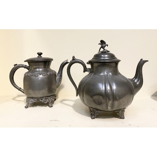 73 - A VINTAGE SILVER PLATED COFFEE POT & TEAPOT, teapot with scroll handle and eagle finial to cover, st... 