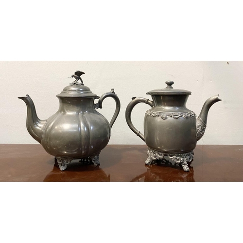 73 - A VINTAGE SILVER PLATED COFFEE POT & TEAPOT, teapot with scroll handle and eagle finial to cover, st... 