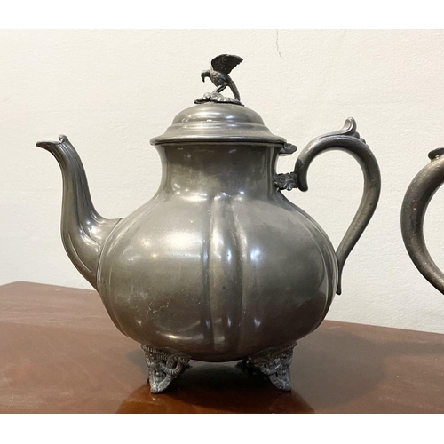 73 - A VINTAGE SILVER PLATED COFFEE POT & TEAPOT, teapot with scroll handle and eagle finial to cover, st... 