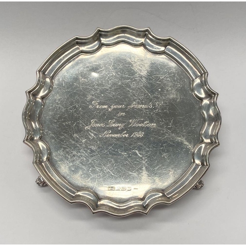 82 - A SOLID SILVER SALVER, Maker William Adams Ltd, Barr Street, Birmingham 1959, engraved to front, sur... 