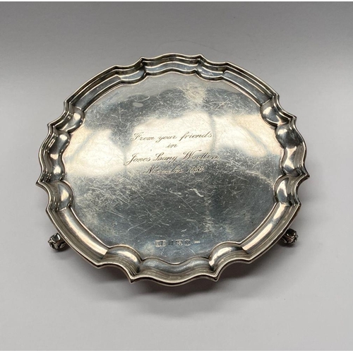 82 - A SOLID SILVER SALVER, Maker William Adams Ltd, Barr Street, Birmingham 1959, engraved to front, sur... 