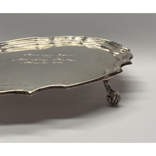 82 - A SOLID SILVER SALVER, Maker William Adams Ltd, Barr Street, Birmingham 1959, engraved to front, sur... 