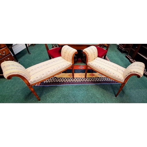 88 - A PAIR OF GEORGE III INLAID AND UPHOLSTERED BENCHES ribboned and floral upholstery with minor wear; ... 