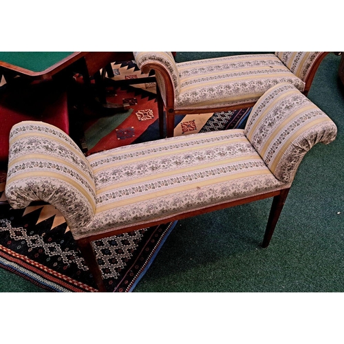 88 - A PAIR OF GEORGE III INLAID AND UPHOLSTERED BENCHES ribboned and floral upholstery with minor wear; ... 